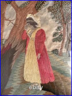 Vintage 19th Century Framed English Mourning Woolwork Picture On Fabric