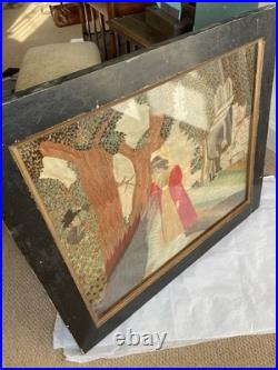 Vintage 19th Century Framed English Mourning Woolwork Picture On Fabric