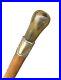 Vintage Antique 19C English Horn Gold Mount Wood Swagger Knob Walking Stick Cane