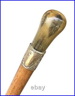 Vintage Antique 19C English Horn Gold Mount Wood Swagger Knob Walking Stick Cane