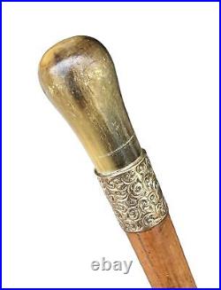 Vintage Antique 19C English Horn Gold Mount Wood Swagger Knob Walking Stick Cane