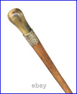 Vintage Antique 19C English Horn Gold Mount Wood Swagger Knob Walking Stick Cane