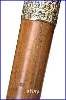 Vintage Antique 19C English Horn Gold Mount Wood Swagger Knob Walking Stick Cane