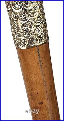 Vintage Antique 19C English Horn Gold Mount Wood Swagger Knob Walking Stick Cane