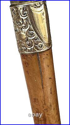 Vintage Antique 19C English Horn Gold Mount Wood Swagger Knob Walking Stick Cane