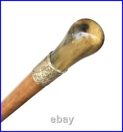 Vintage Antique 19C English Horn Gold Mount Wood Swagger Knob Walking Stick Cane