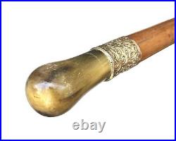 Vintage Antique 19C English Horn Gold Mount Wood Swagger Knob Walking Stick Cane