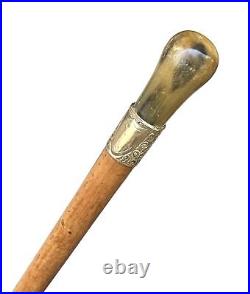 Vintage Antique 19C English Horn Gold Mount Wood Swagger Knob Walking Stick Cane