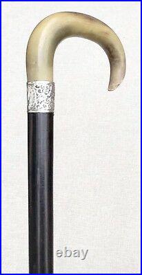 Vintage Antique 19C English Horn Hallmarked Sterling Silver Walking Stick Cane