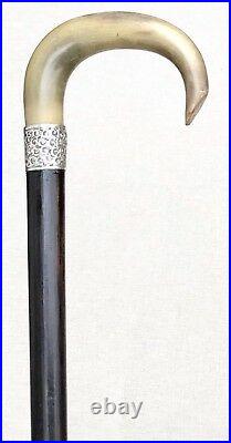 Vintage Antique 19C English Horn Hallmarked Sterling Silver Walking Stick Cane