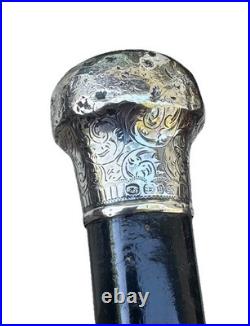 Vintage Antique 19C English Sterling Silver Wood Swagger Knob Walking Stick Cane