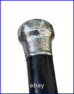 Vintage Antique 19C English Sterling Silver Wood Swagger Knob Walking Stick Cane