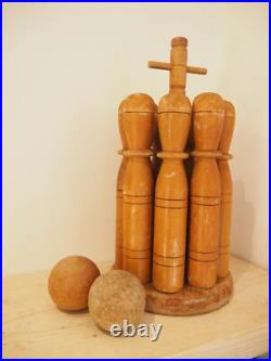 Vintage Antique Early 20th-Century English Wooden Skittle Set