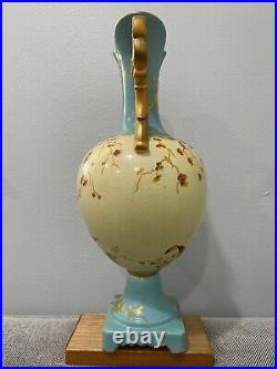 Vintage Antique English Ceramic Blue & Yellow Vase with Flowers Decoration