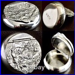 Vintage / Antique English Country Scene Pewter Snuff Box / Pill Box (84.5g)