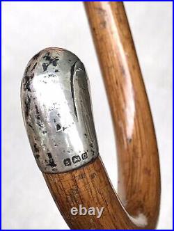 Vintage Antique English Hallmarked Sterling Tip Crook Handle Walking Stick Cane