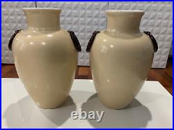 Vintage Antique English Pair of Ceramic Vases with Painted Flower & Landscape Dec