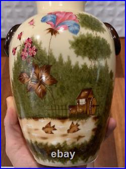 Vintage Antique English Pair of Ceramic Vases with Painted Flower & Landscape Dec