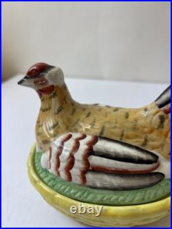 Vintage Antique English Staffordshire Hen Chicken on Nest Ceramic Covered Tureen