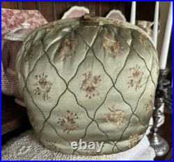 Vintage Antique Green English Satin Floral Padded Tea Cozy W Brass Clasp (Rare)