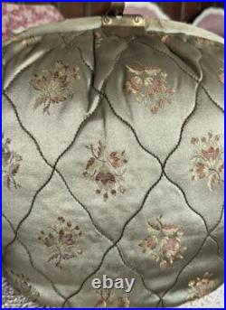 Vintage Antique Green English Satin Floral Padded Tea Cozy W Brass Clasp (Rare)