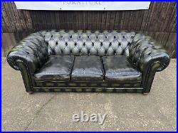 Vintage Antique Green Leather Chesterfield Sofa 3 Seater FREE DELIVERY