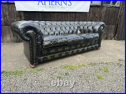 Vintage Antique Green Leather Chesterfield Sofa 3 Seater FREE DELIVERY