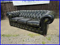 Vintage Antique Green Leather Chesterfield Sofa 3 Seater FREE DELIVERY