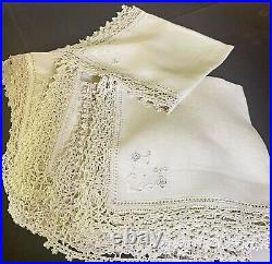 Vintage Antique Linen Tablecloth with Lace Embroidery & 12 Napkins XX442