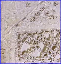 Vintage Antique Linen Tablecloth with Lace Embroidery & 12 Napkins XX442