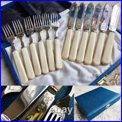 Vintage/Antique Ornate English Silver Plated Fish Cutlery Set In Silk Lined Box