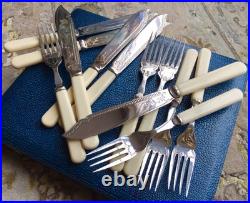 Vintage/Antique Ornate English Silver Plated Fish Cutlery Set In Silk Lined Box