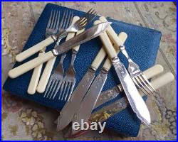 Vintage/Antique Ornate English Silver Plated Fish Cutlery Set In Silk Lined Box