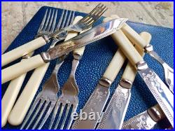 Vintage/Antique Ornate English Silver Plated Fish Cutlery Set In Silk Lined Box