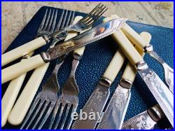 Vintage/Antique Ornate English Silver Plated Fish Cutlery Set In Silk Lined Box