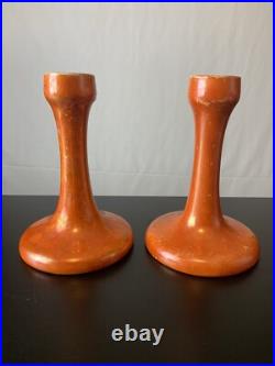 Vintage Antique Ruskin English Pottery Orange Luster Glazed Candlestick Holders