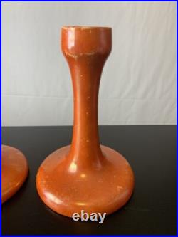Vintage Antique Ruskin English Pottery Orange Luster Glazed Candlestick Holders