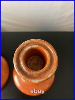 Vintage Antique Ruskin English Pottery Orange Luster Glazed Candlestick Holders