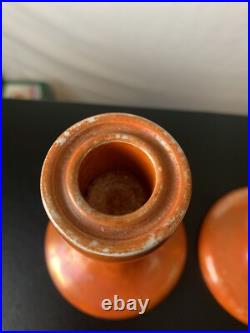 Vintage Antique Ruskin English Pottery Orange Luster Glazed Candlestick Holders
