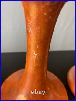 Vintage Antique Ruskin English Pottery Orange Luster Glazed Candlestick Holders