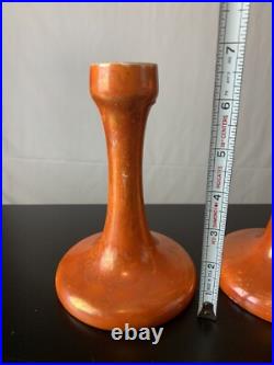 Vintage Antique Ruskin English Pottery Orange Luster Glazed Candlestick Holders