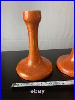 Vintage Antique Ruskin English Pottery Orange Luster Glazed Candlestick Holders