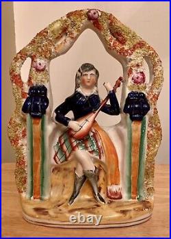 Vintage-Antique Staffordshire Flat-back Pottery Lady Musician Playing 9.5 Tall