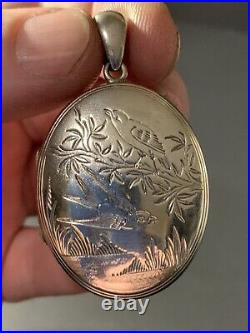 Vintage/Antique Sterling Silver English Birds Motif Photo Locket Pendant 2 3/16