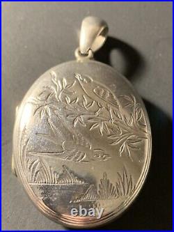 Vintage/Antique Sterling Silver English Birds Motif Photo Locket Pendant 2 3/16