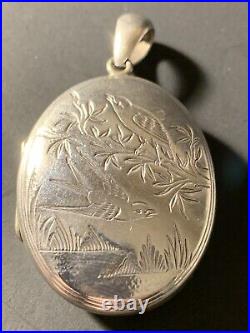 Vintage/Antique Sterling Silver English Birds Motif Photo Locket Pendant 2 3/16