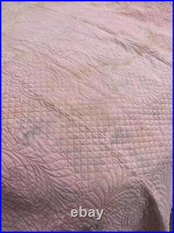 Vintage Antique Victorian Old Hand Stitched Made Pink Bed Eiderdown Quilt Thro