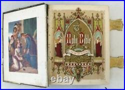 Vintage BOOK HOLY BIBLE Large Antique Family, Illustrated Metal Clasps REV EADIE