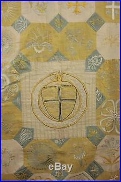 Vintage Block quilt topper embroidered Ramsgate heraldry English linen