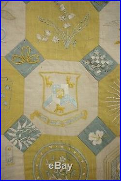 Vintage Block quilt topper embroidered Ramsgate heraldry English linen